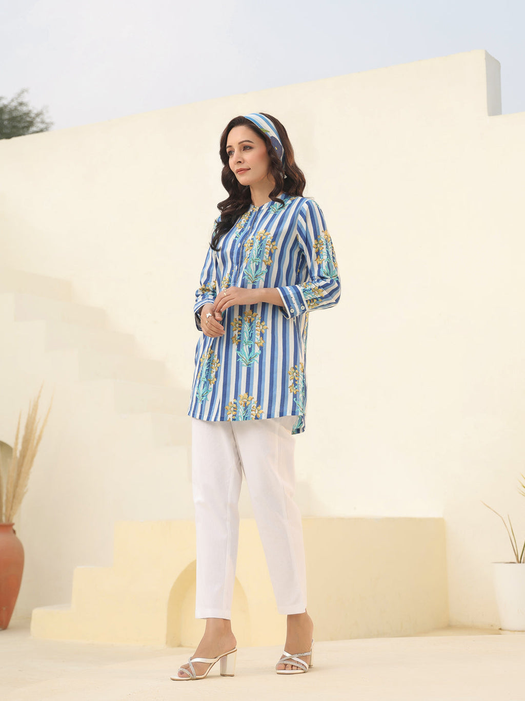 Women Mandarin Collar Striped Pure Cotton Tunic
