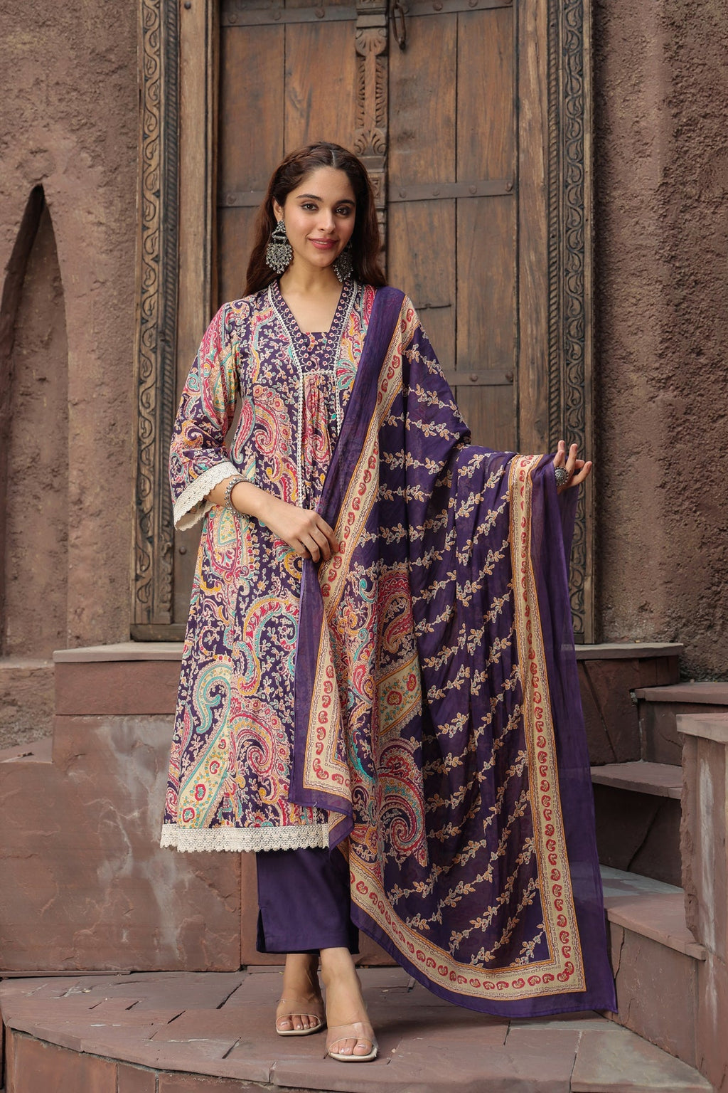 Paisley Printed Thread Work Pure Cotton Kurta with Trousers & Dupatta