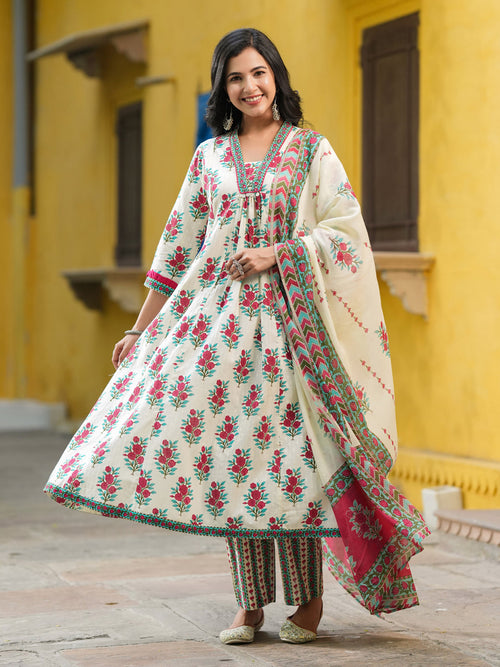 Floral Printed Thread Work Pure Cotton Kurta With Trousers & Dupatta