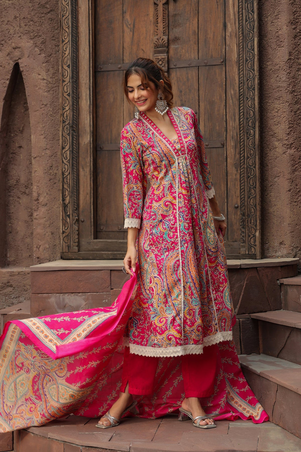 Printed Thread Work Pure Cotton Anarkali Kurta with Trousers & Dupatta