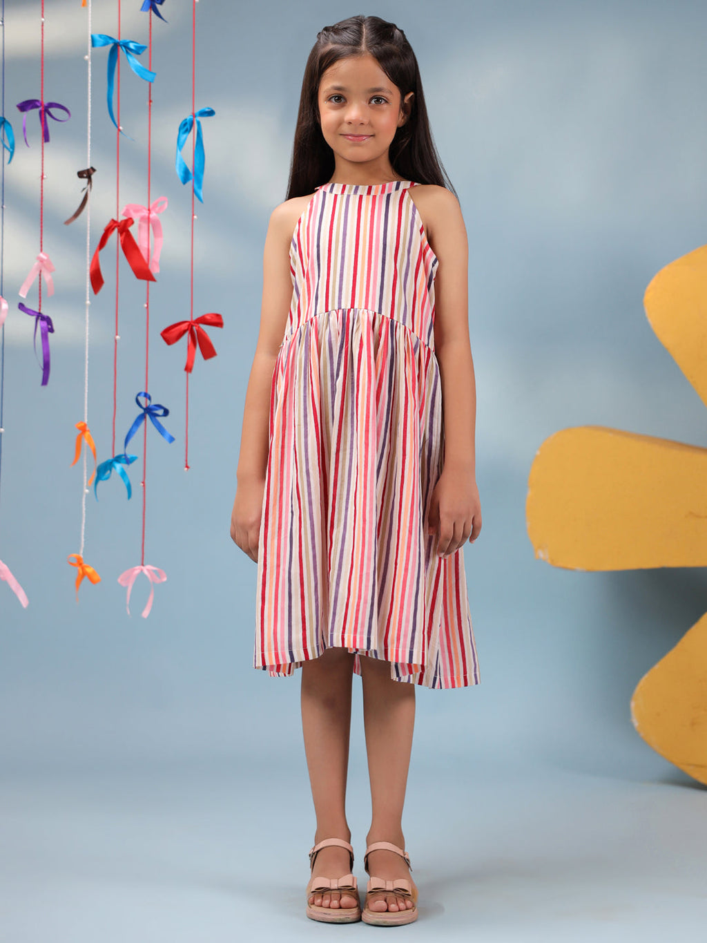 Girls Striped Pure Cotton Fit & Flared Ethnic Dresses