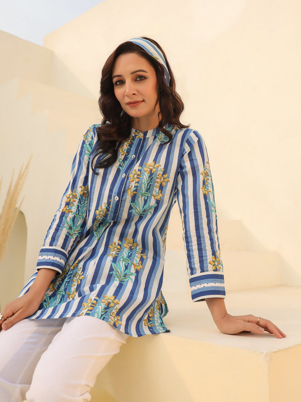 Women Mandarin Collar Striped Pure Cotton Tunic