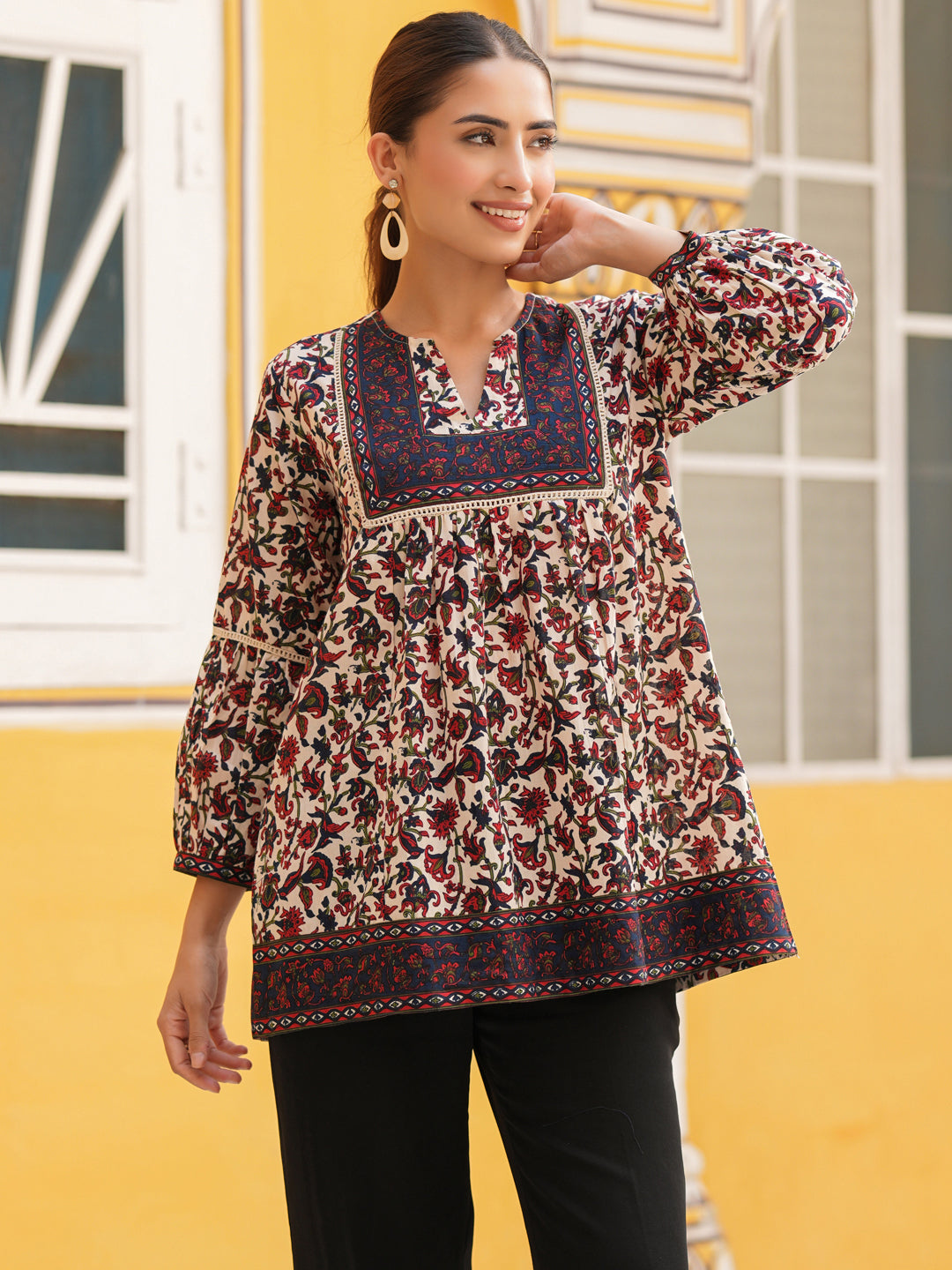 Women Floral Printed Round Neck Pure Cotton Top