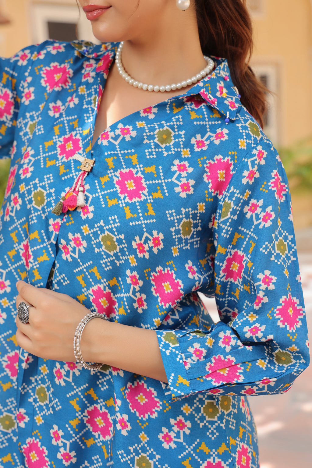 Printed Shirt Collar Tunic With Trouser