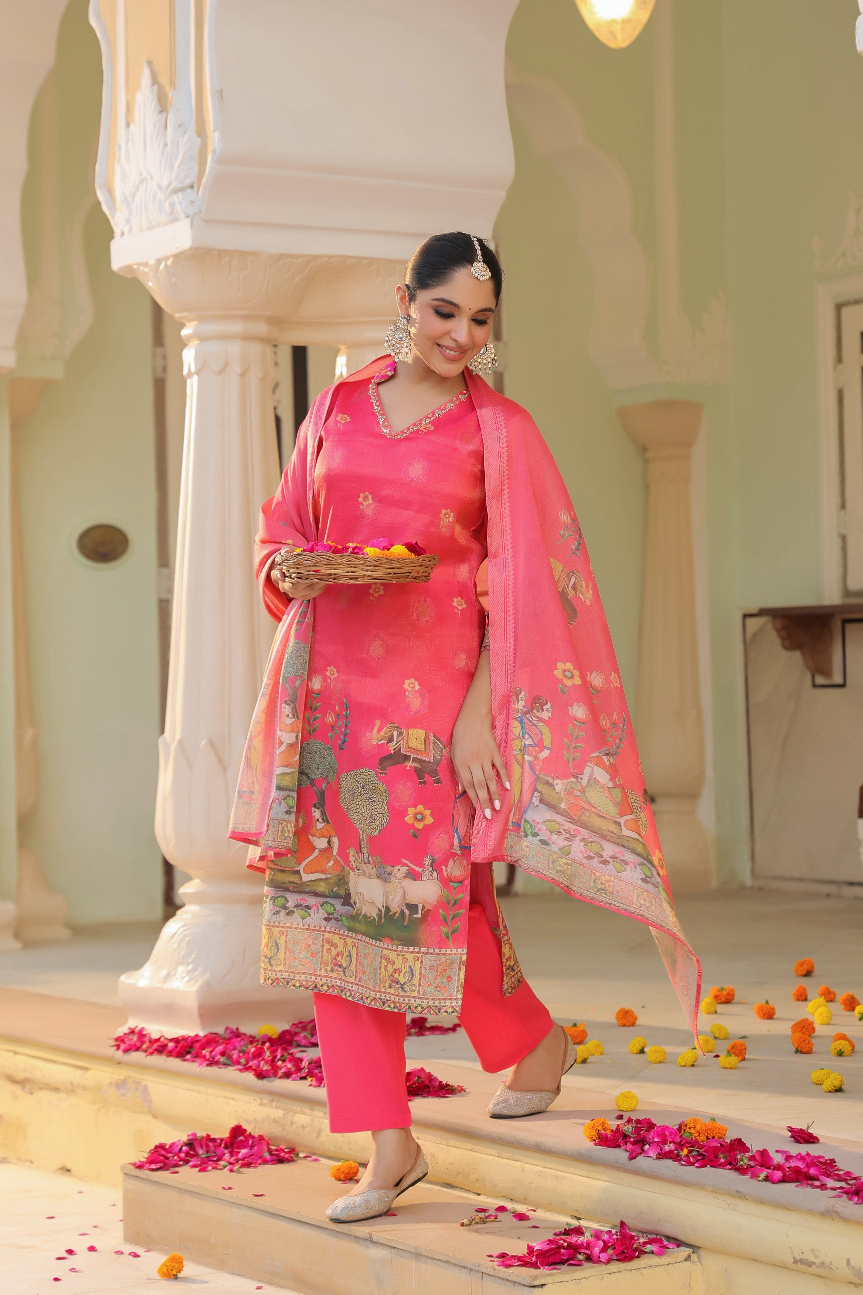 Women Printed Regular Chanderi Cotton Kurta with Trousers & Dupatta