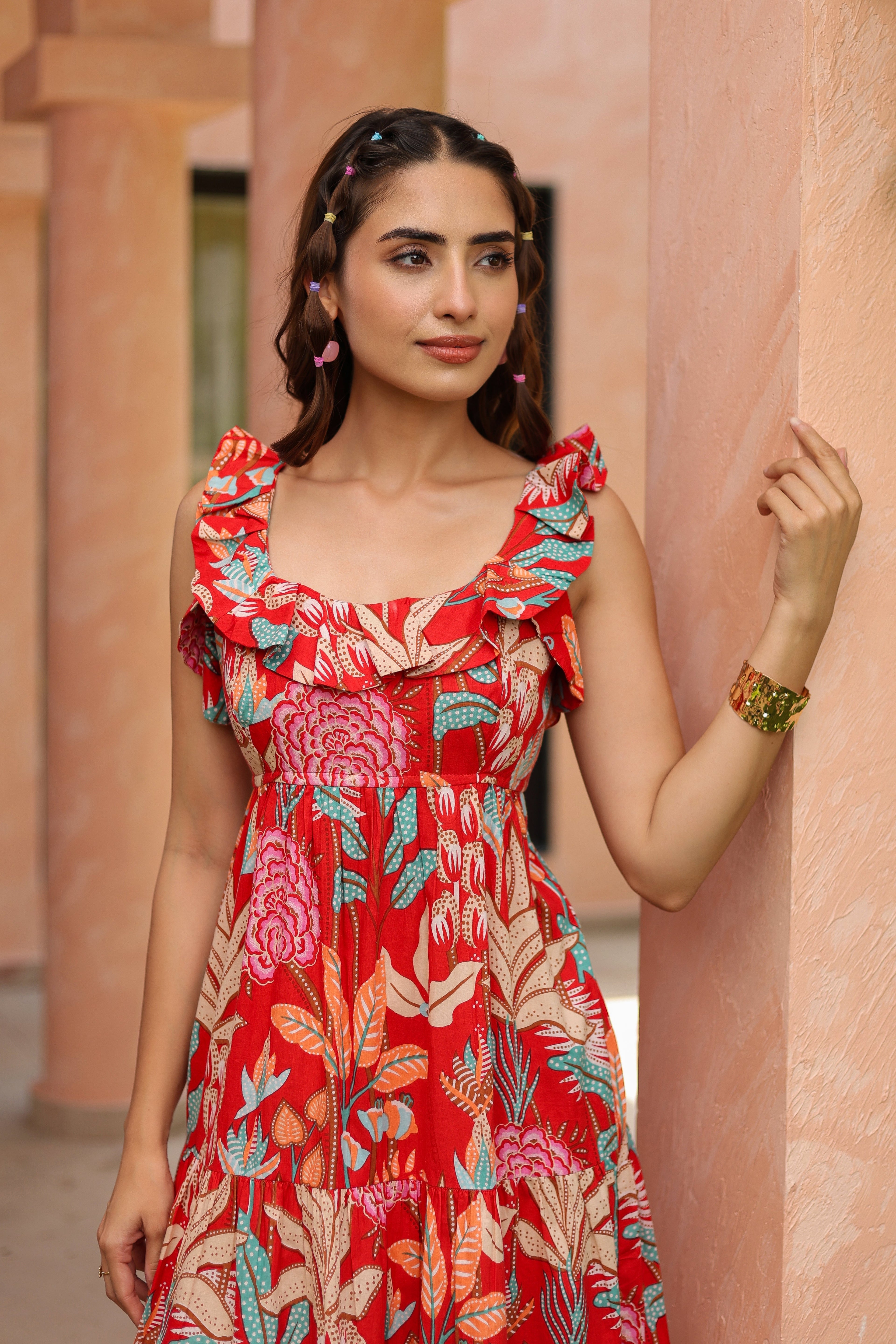 Tropical Printed Square Neck Pure Cotton Midi Dress