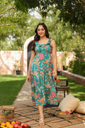 Tropical Printed Square Neck Pure Cotton Midi Dress