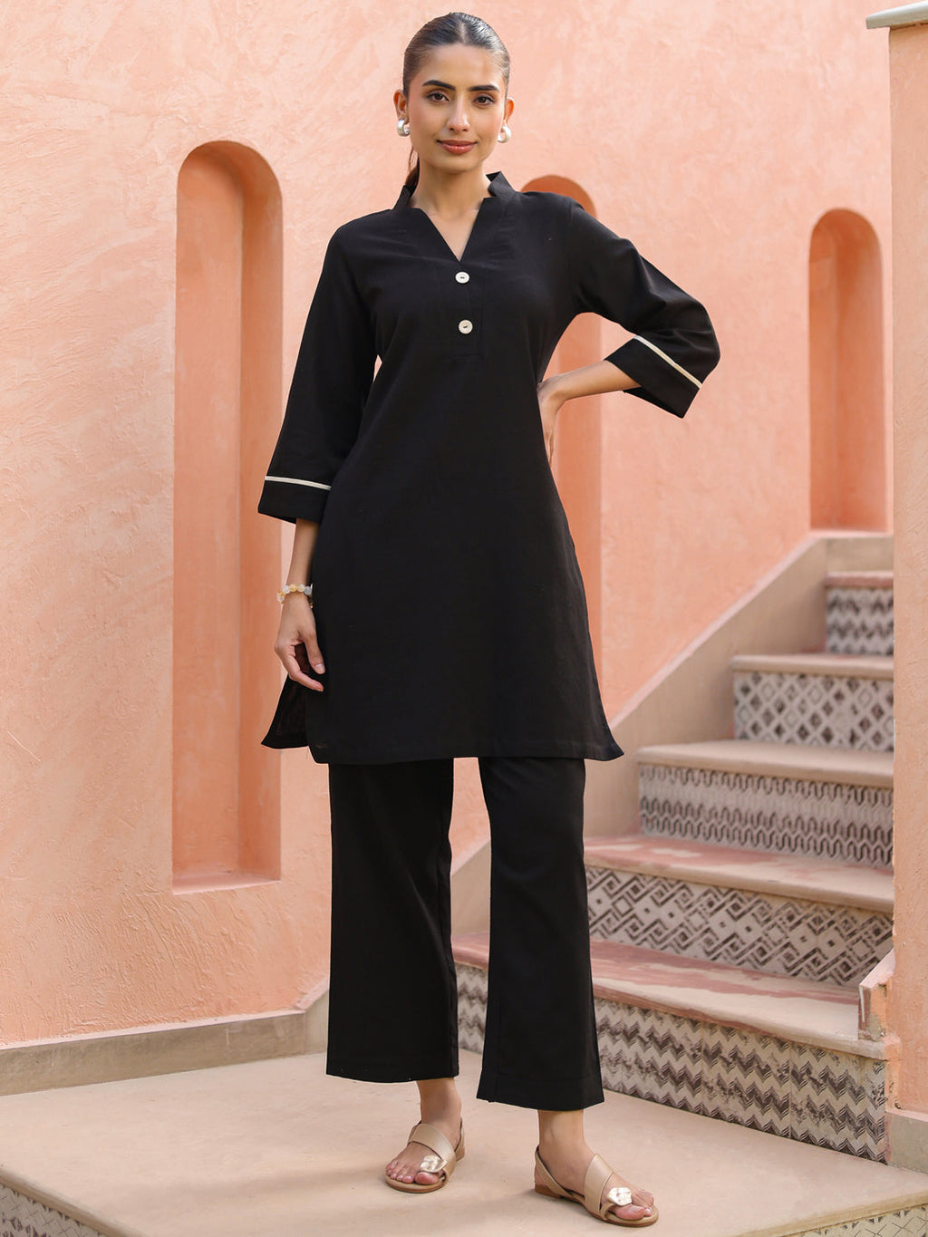 V-Neck Pure Cotton Tunic With Trousers Co-Ords