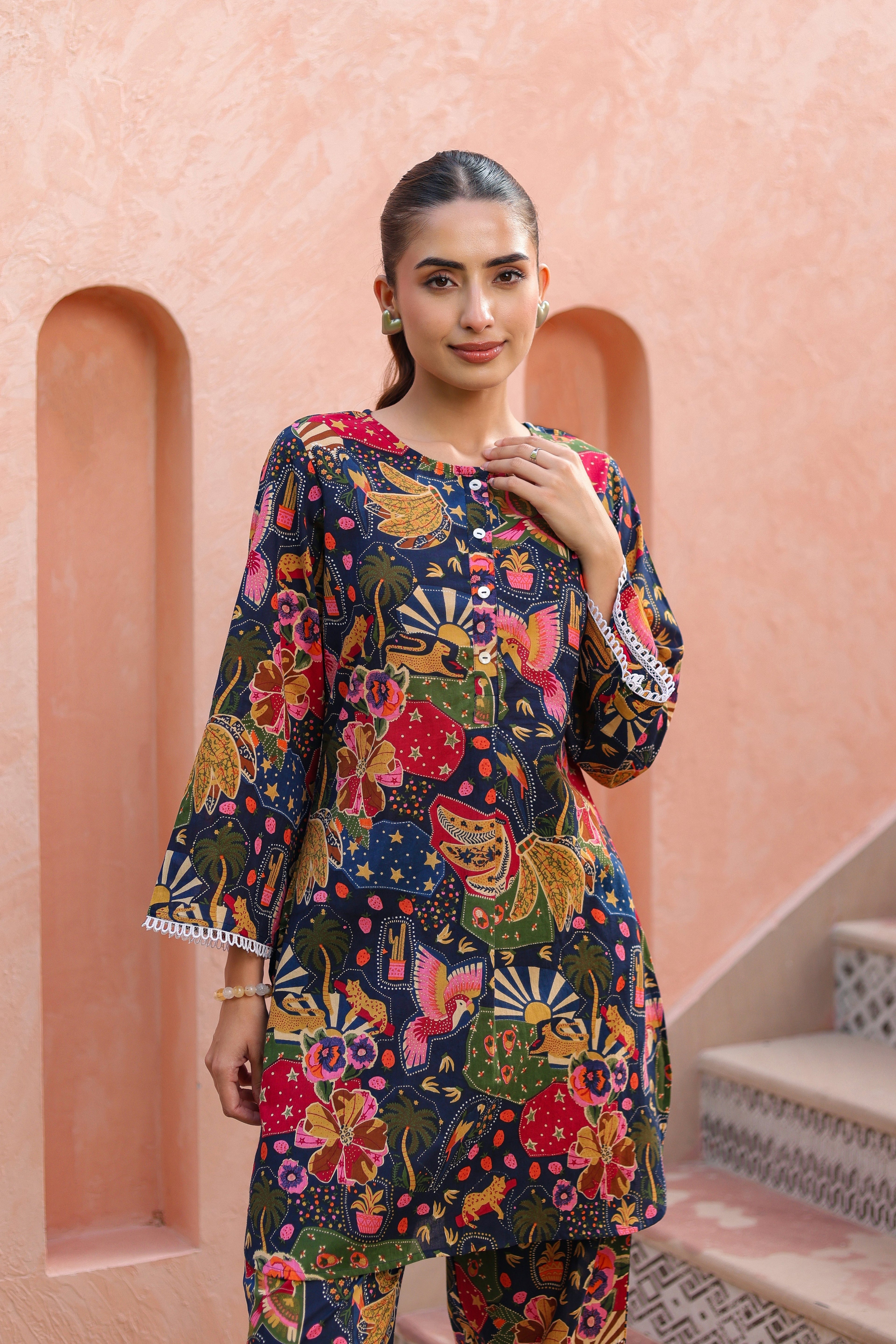 Printed Round Neck Pure Cotton Tunic With Trousers Co-Ords Set