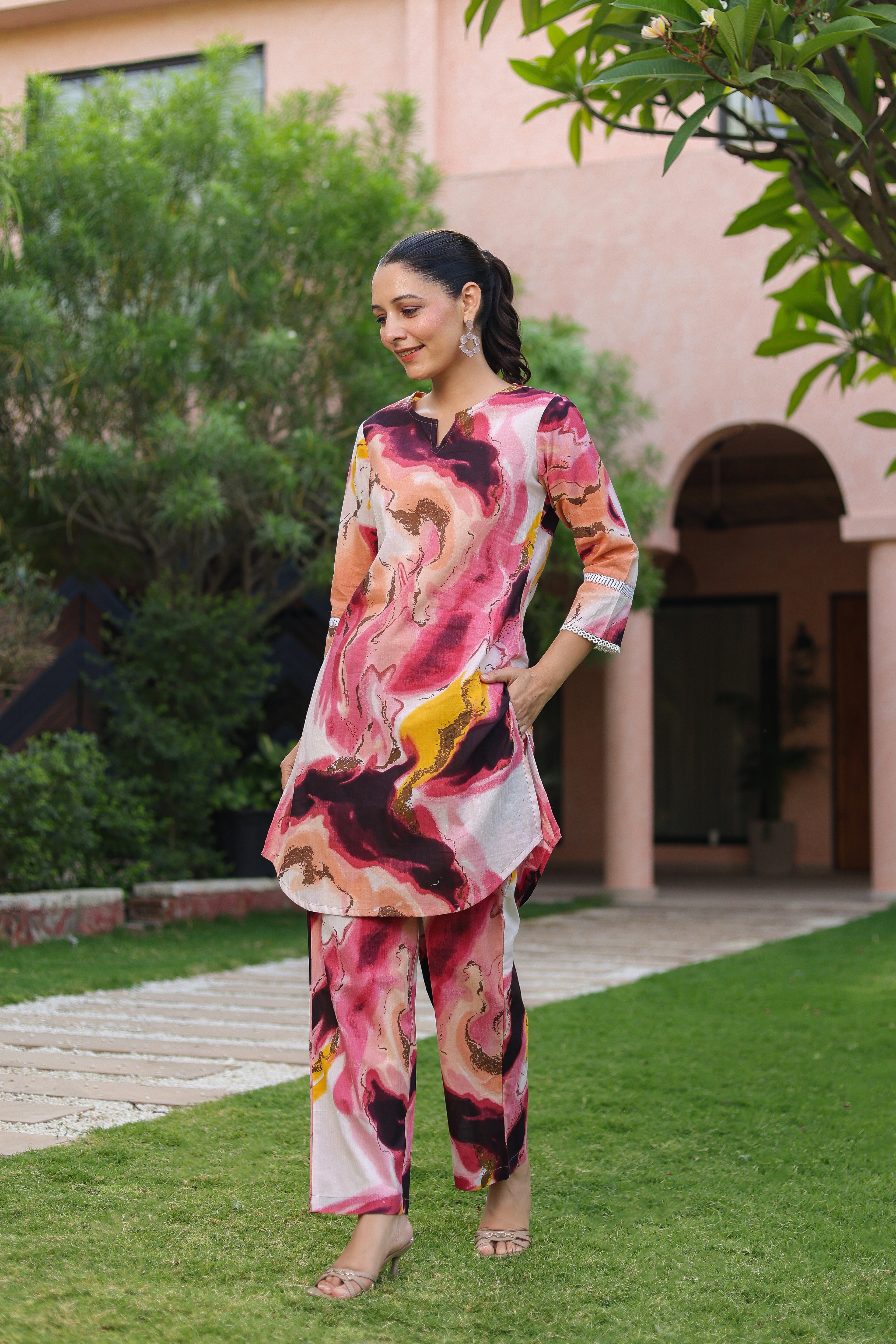 Printed Round Neck Tunic With Trousers Co-Ords