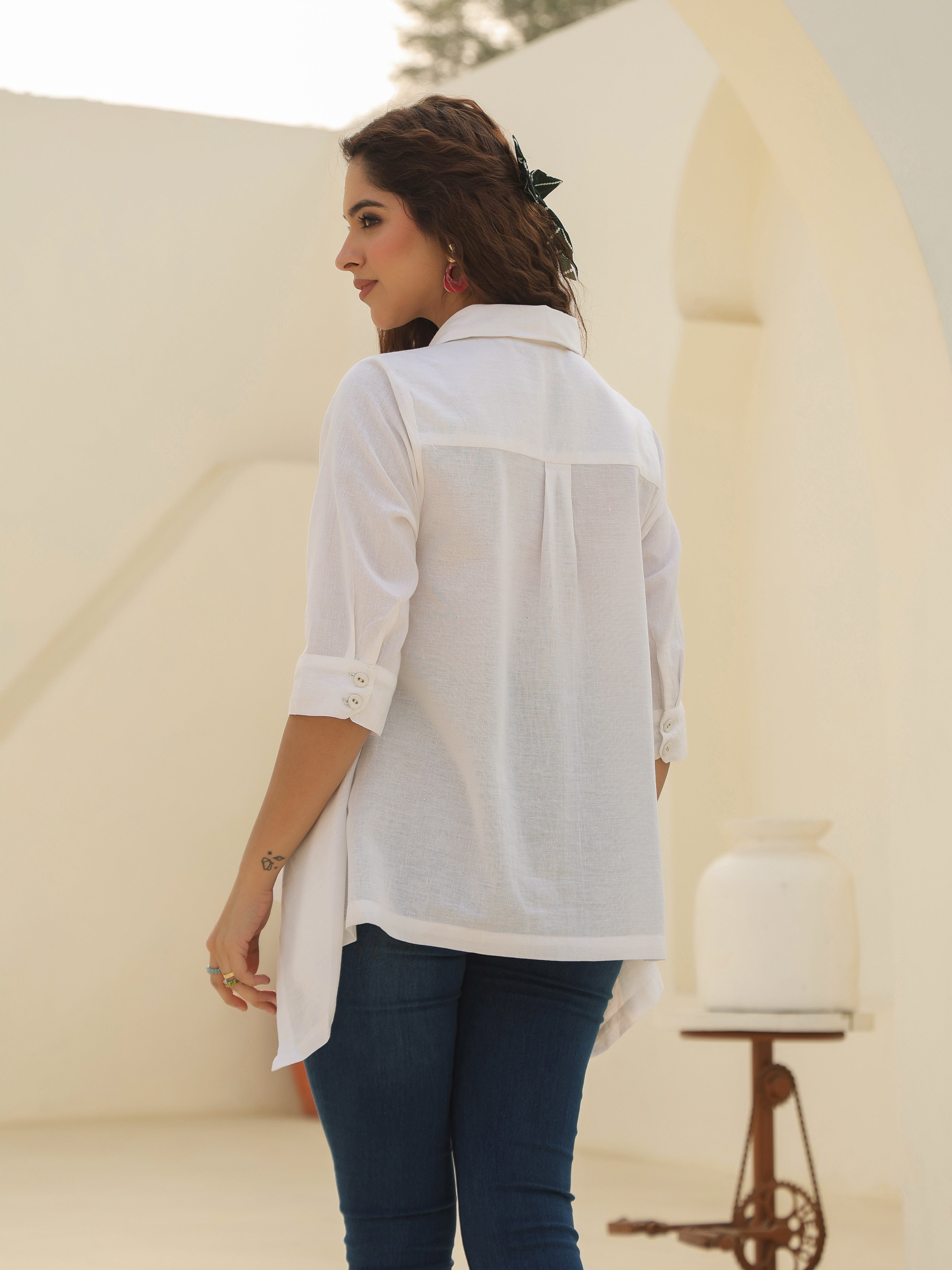 Shirt Collar Cuffed Sleeves Cotton Top