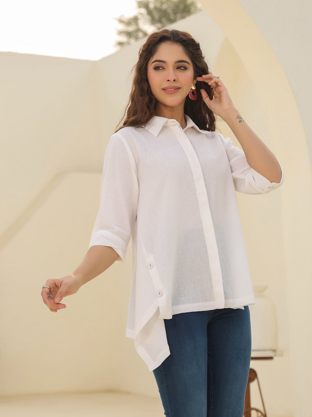 Shirt Collar Cuffed Sleeves Cotton Top