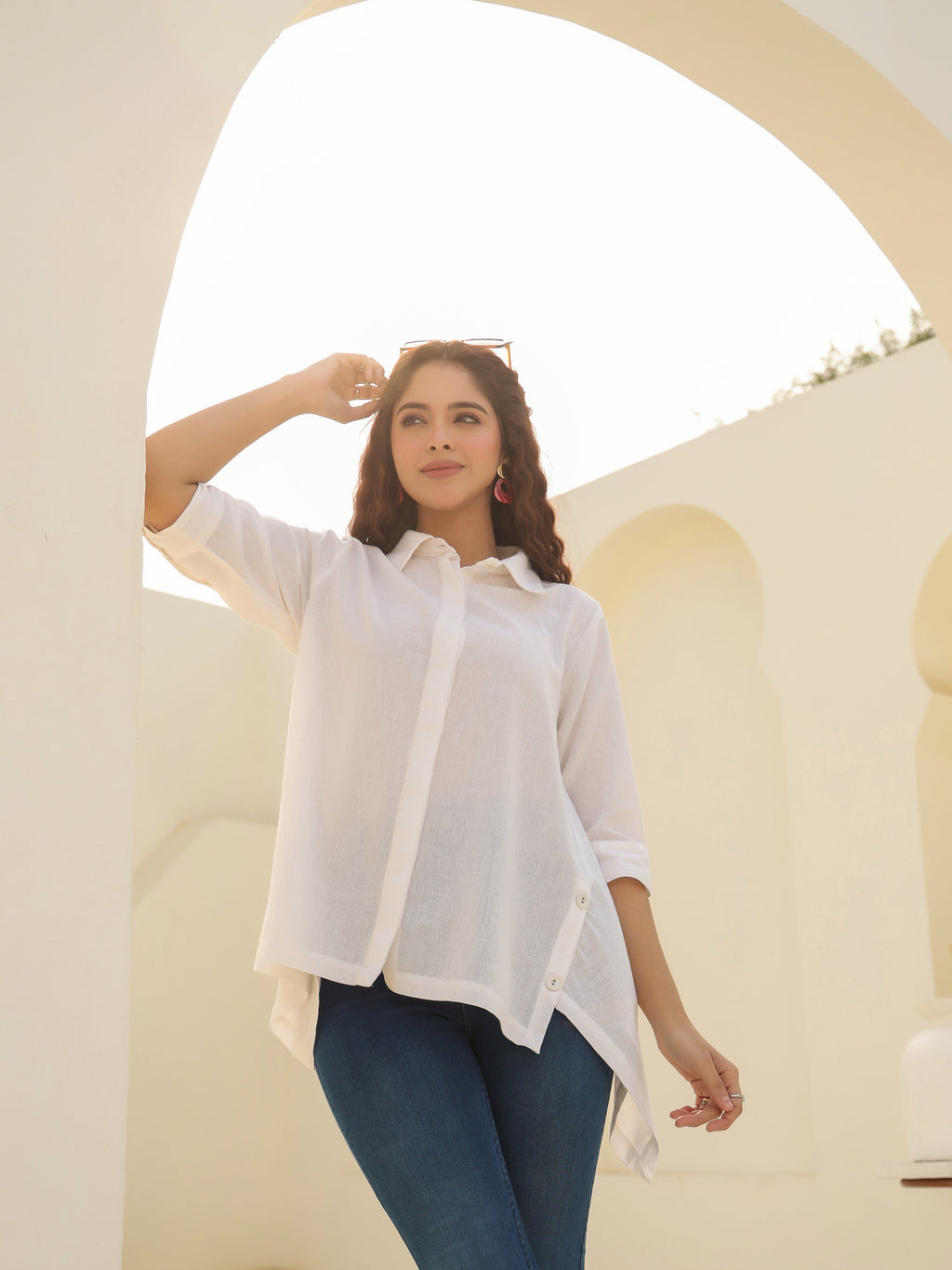 Shirt Collar Cuffed Sleeves Cotton Top