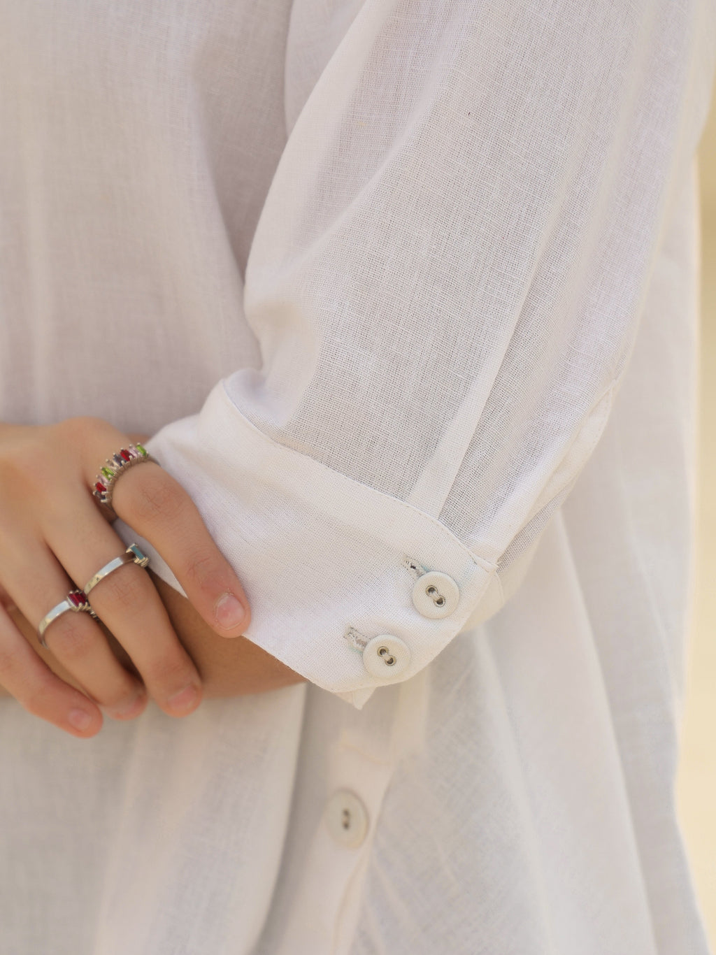 Shirt Collar Cuffed Sleeves Cotton Top
