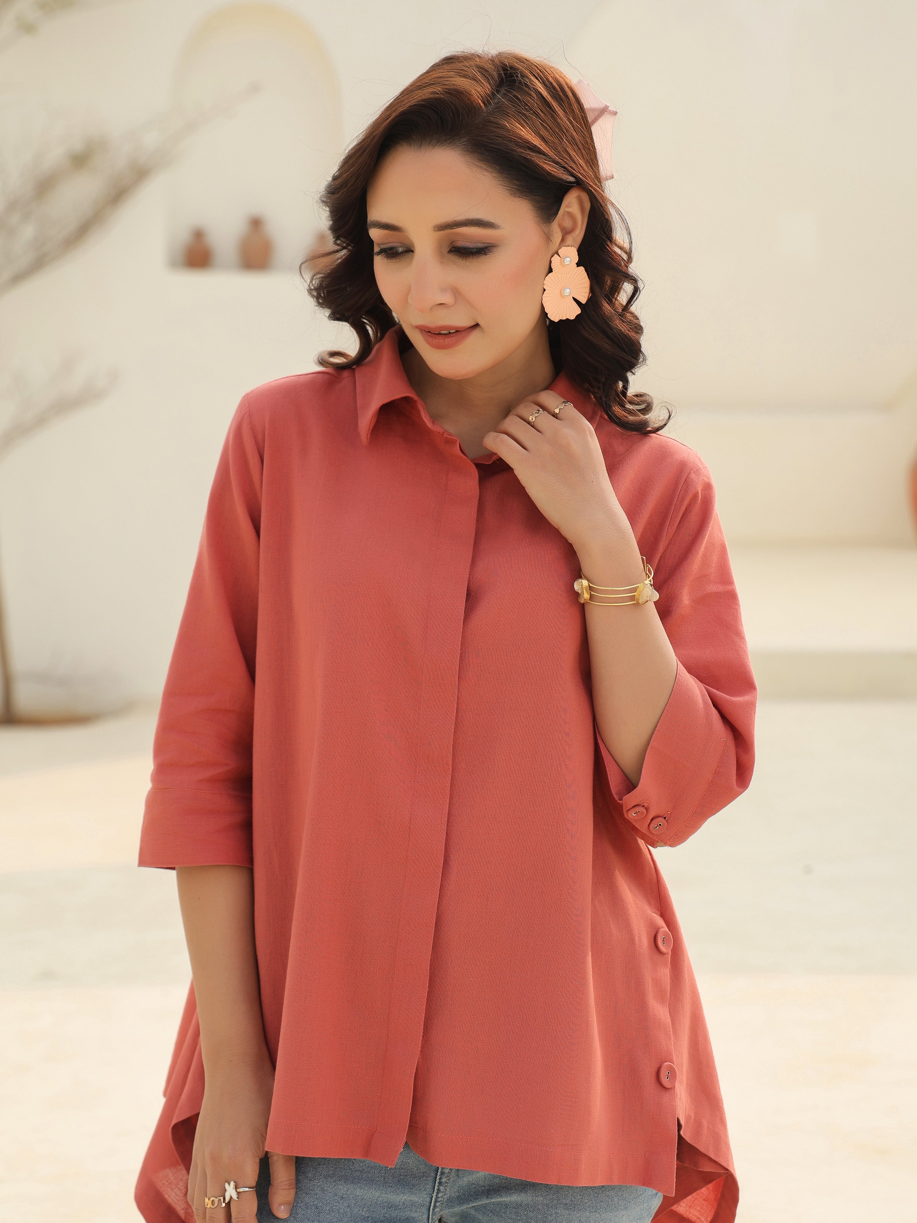 Women Solid Peach Shirt Collar Pure Cotton Top