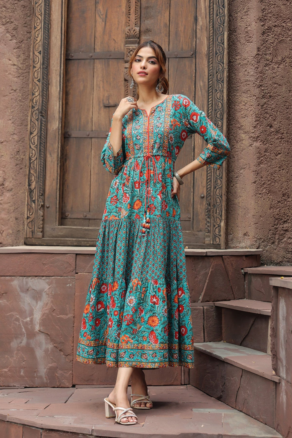 Women Green & Red Ethnic Pure Cotton A-Line Long Dress