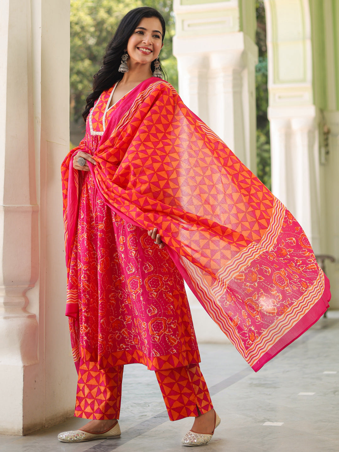 Women Floral Sequinned Pure Cotton Kurta with Trousers & Dupatta