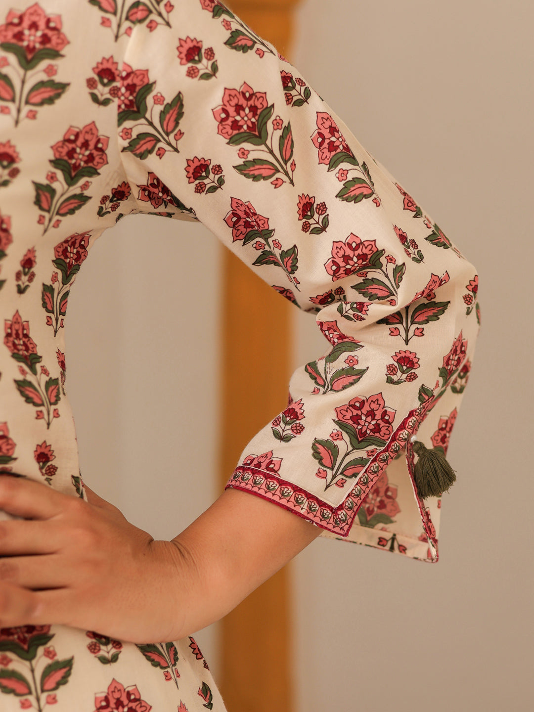 Floral Printed Notch Neck Thread Work Pure Cotton Kurta
