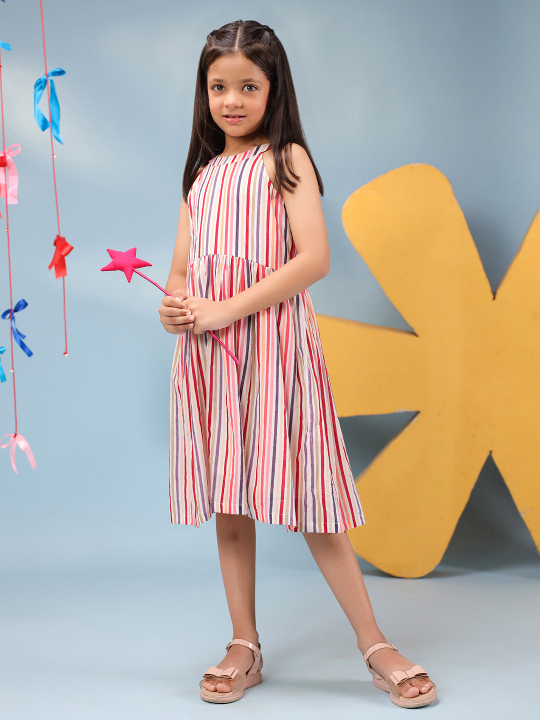 Girls Striped Pure Cotton Fit & Flared Ethnic Dresses