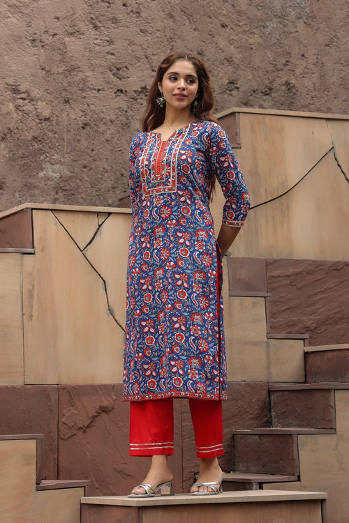 Floral Printed Notch Neck Thread Work Pure Cotton A-Line Kurta