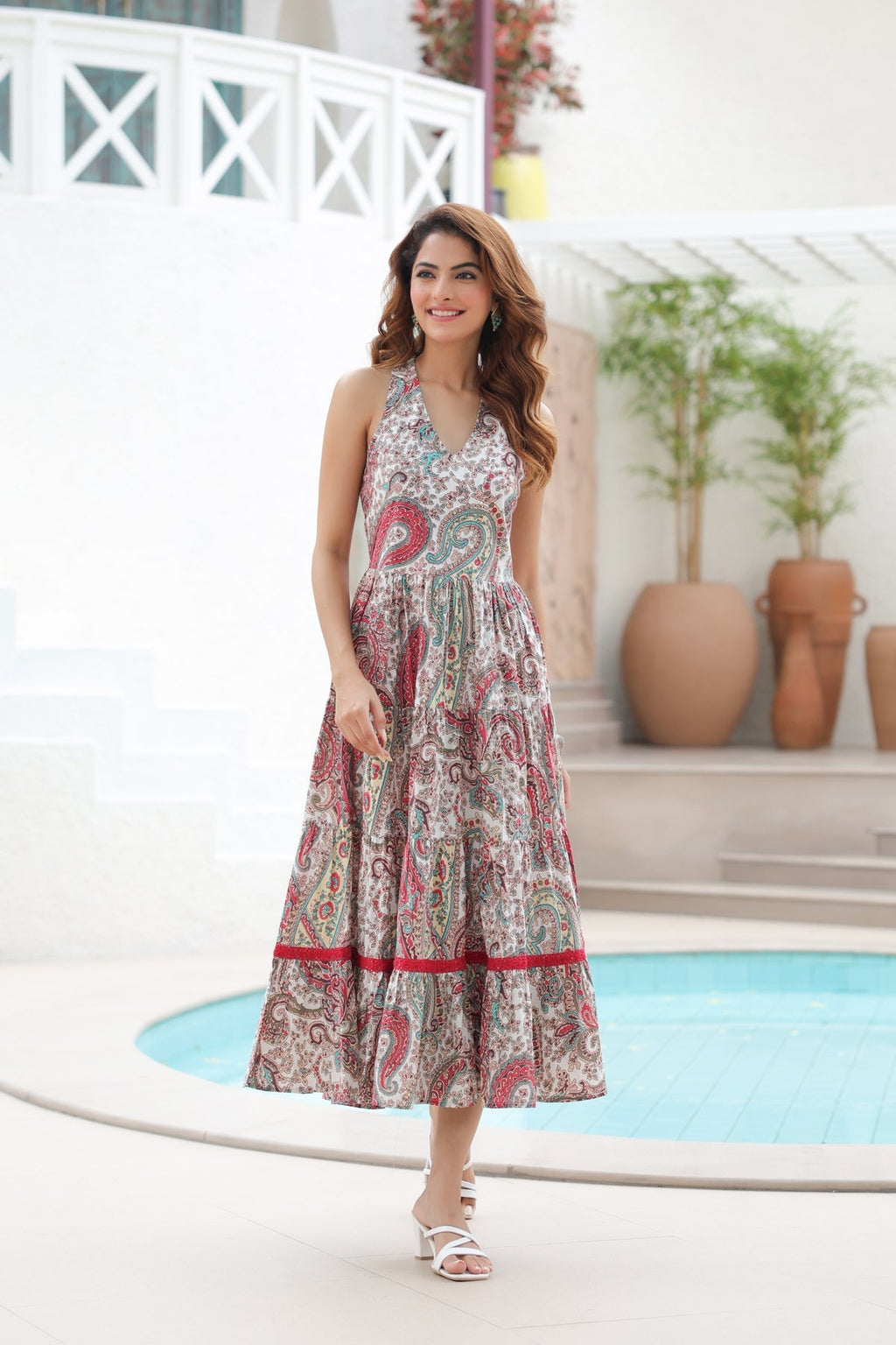 Printed Pure Cotton Fit & Flare White Ethnic Dresses
