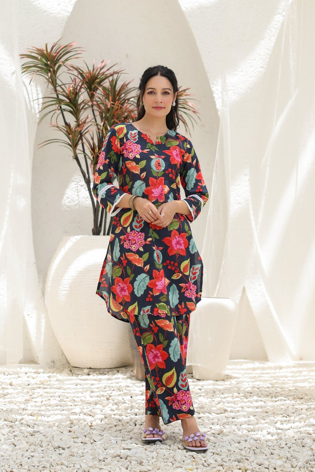 Printed Pure Cotton Notch Neck Tunic With Trouser