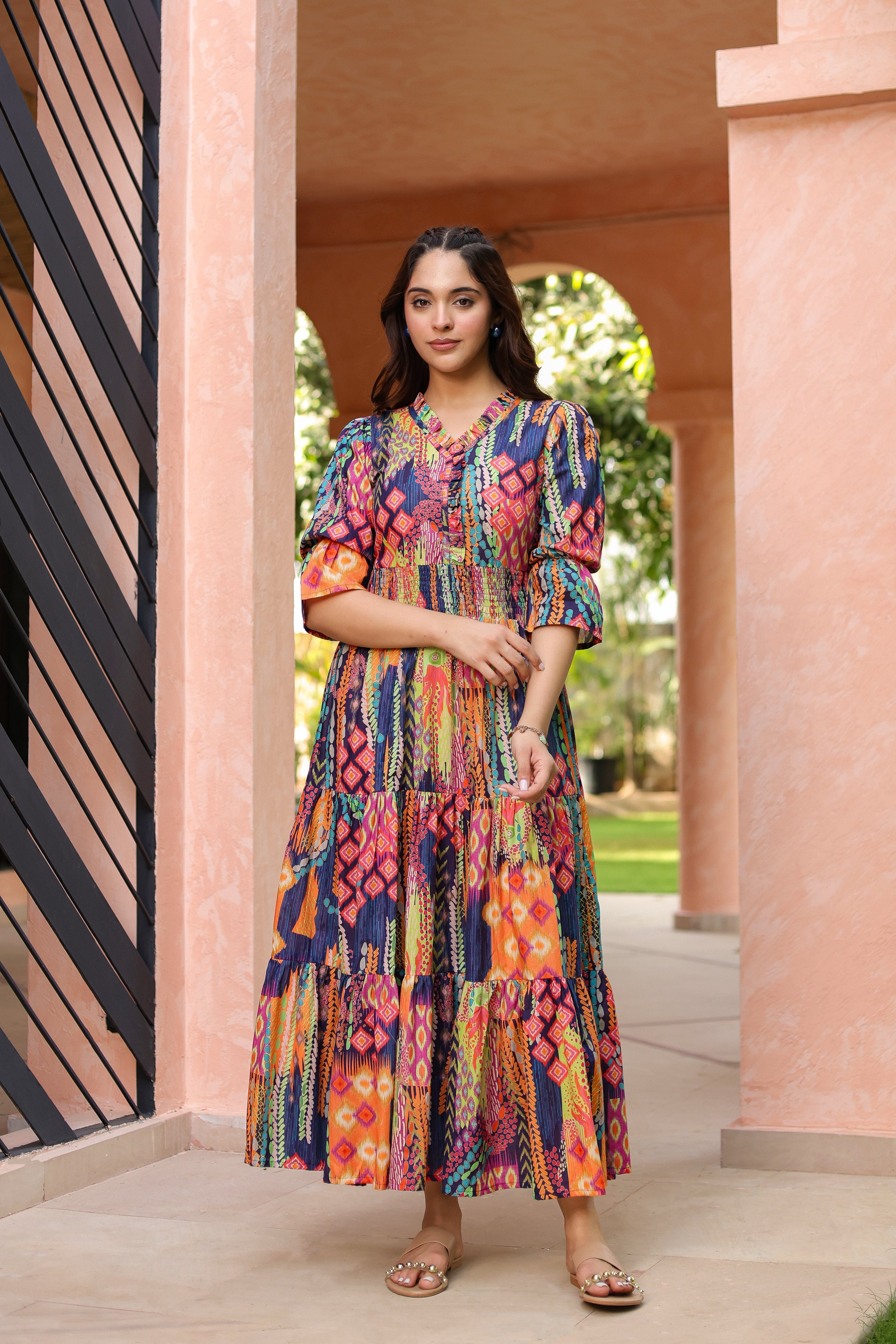 Women Ethnic Printed V Neck Ruffle Detail Dress