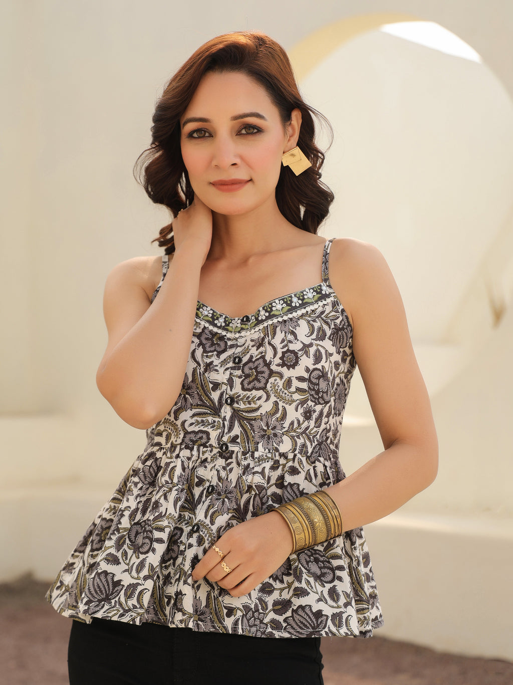 Women Floral Print Shoulder Straps Cotton Top