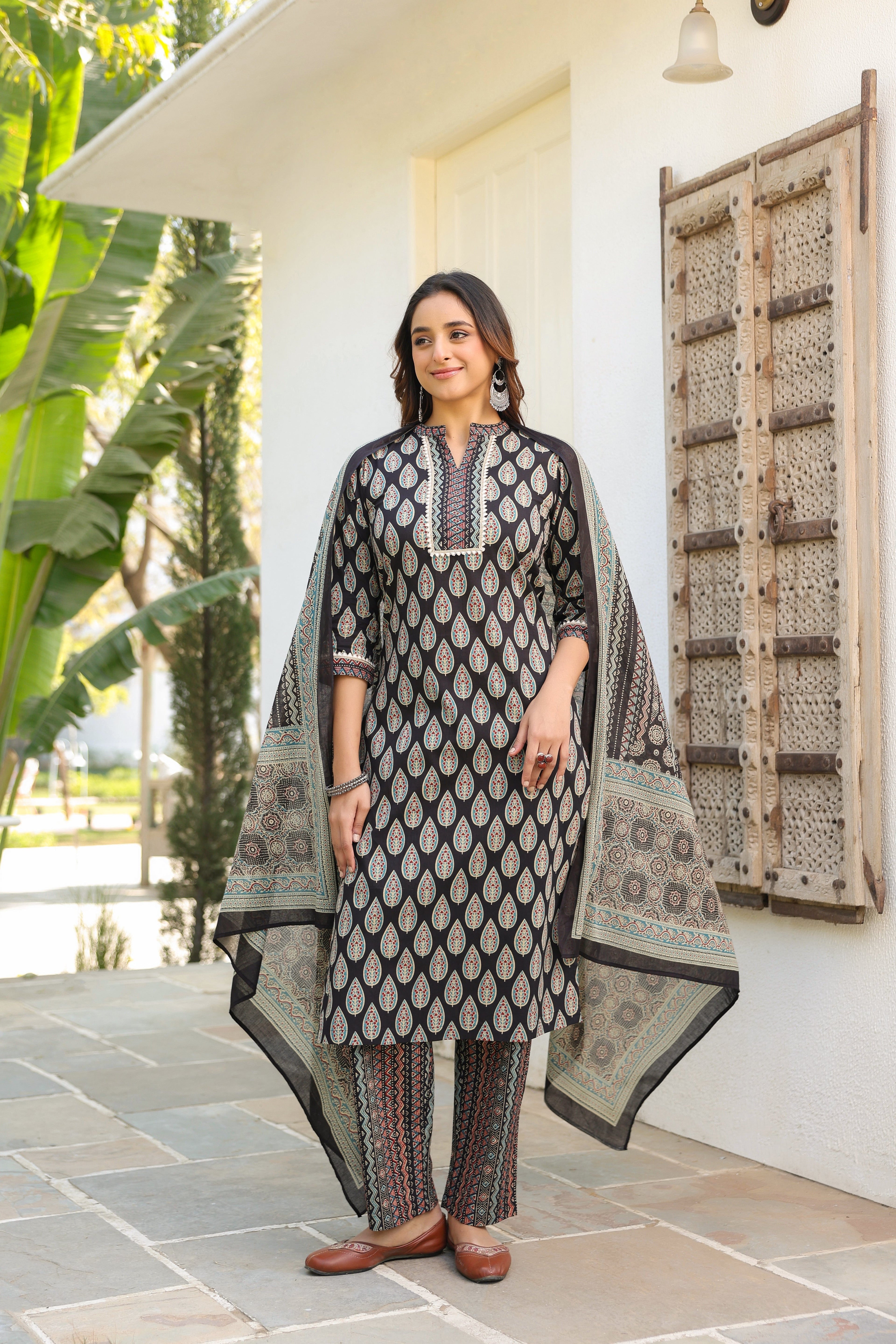 Women Ethnic Motifs Printed Regular Pure Cotton Kurta with Trousers & With Dupatta