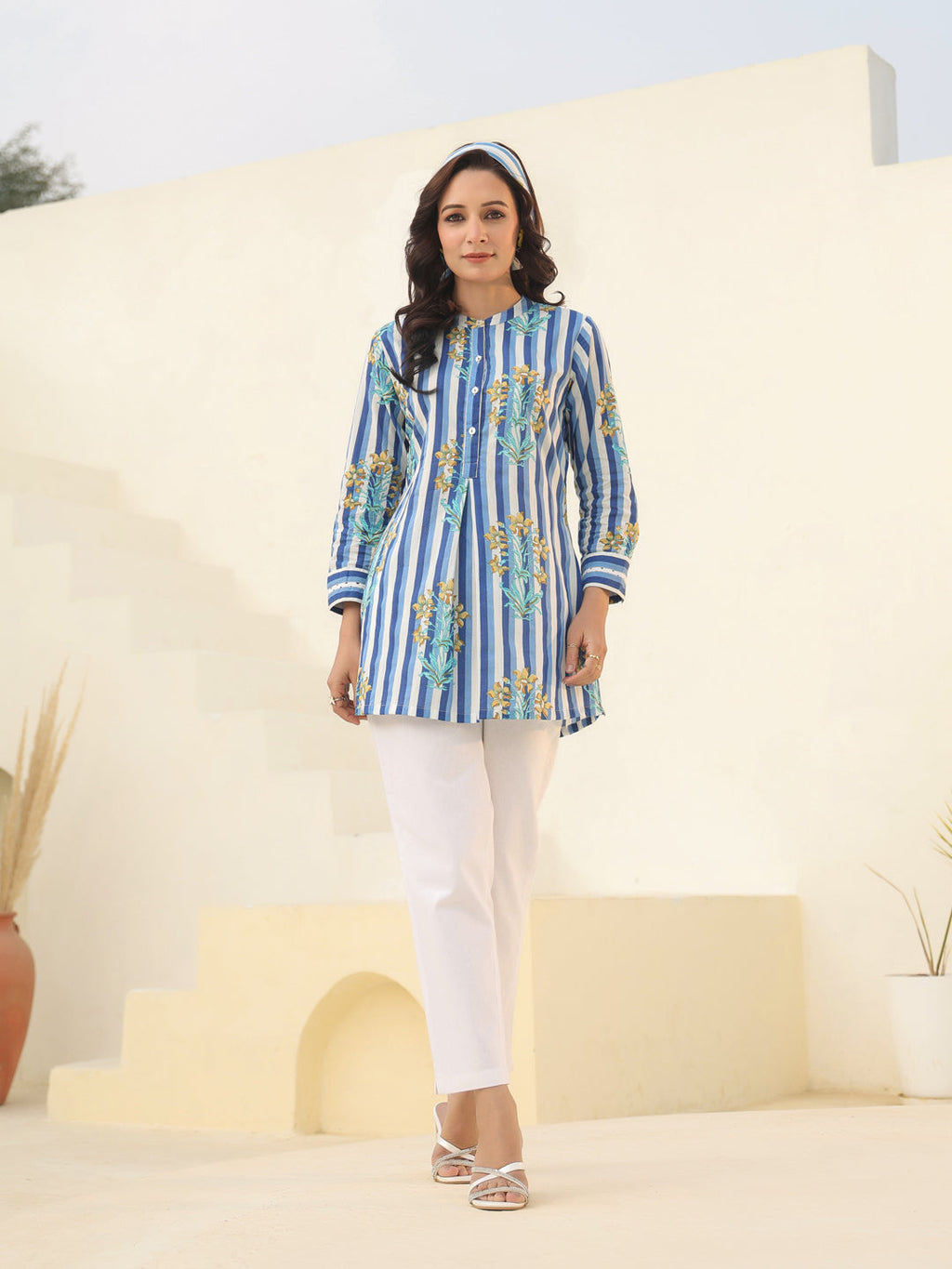 Women Mandarin Collar Striped Pure Cotton Tunic