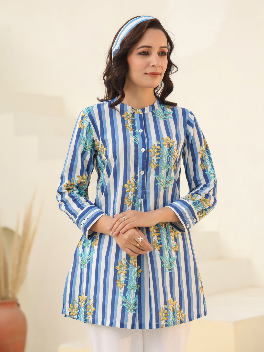 Women Mandarin Collar Striped Pure Cotton Tunic