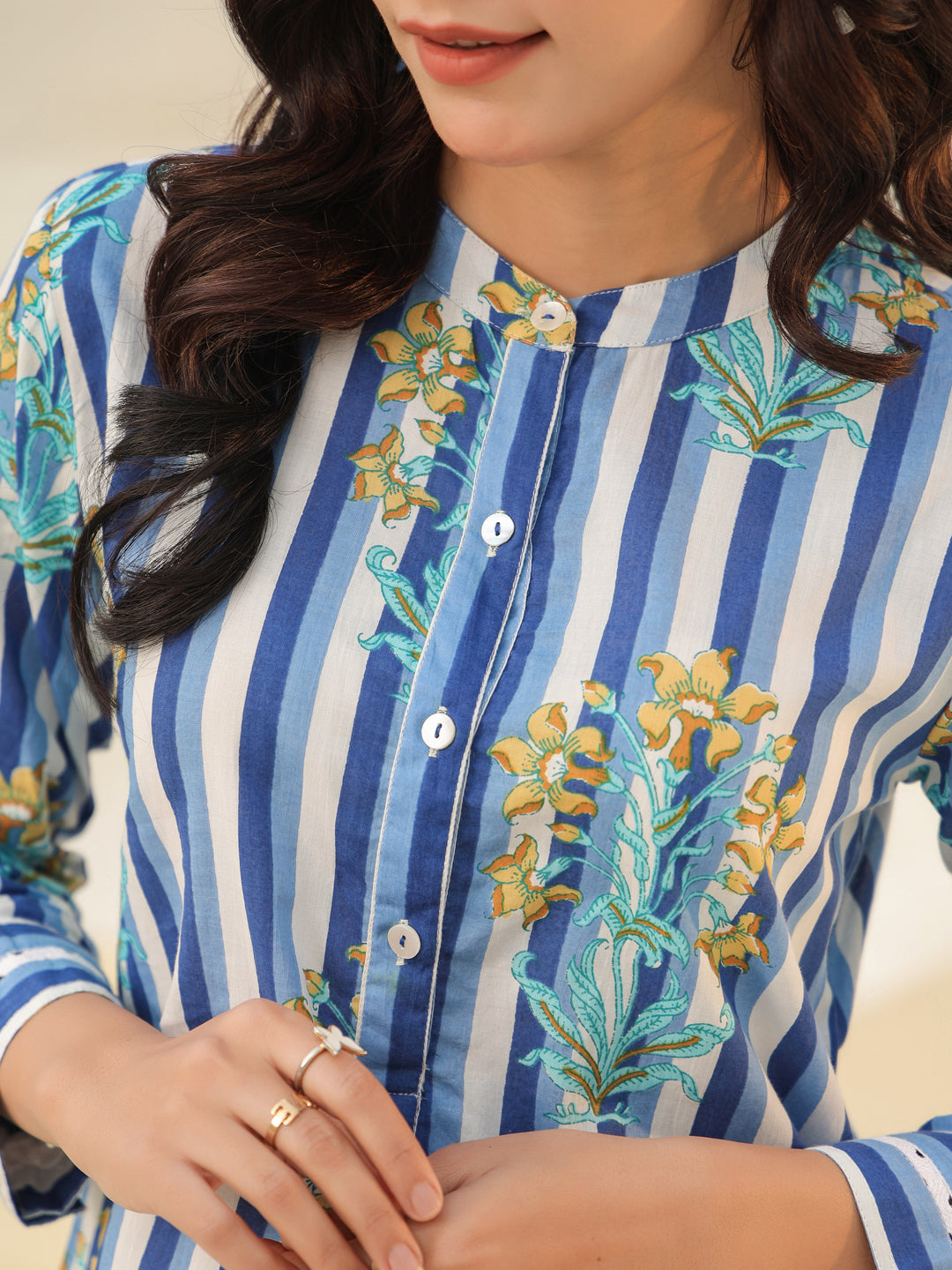 Women Mandarin Collar Striped Pure Cotton Tunic