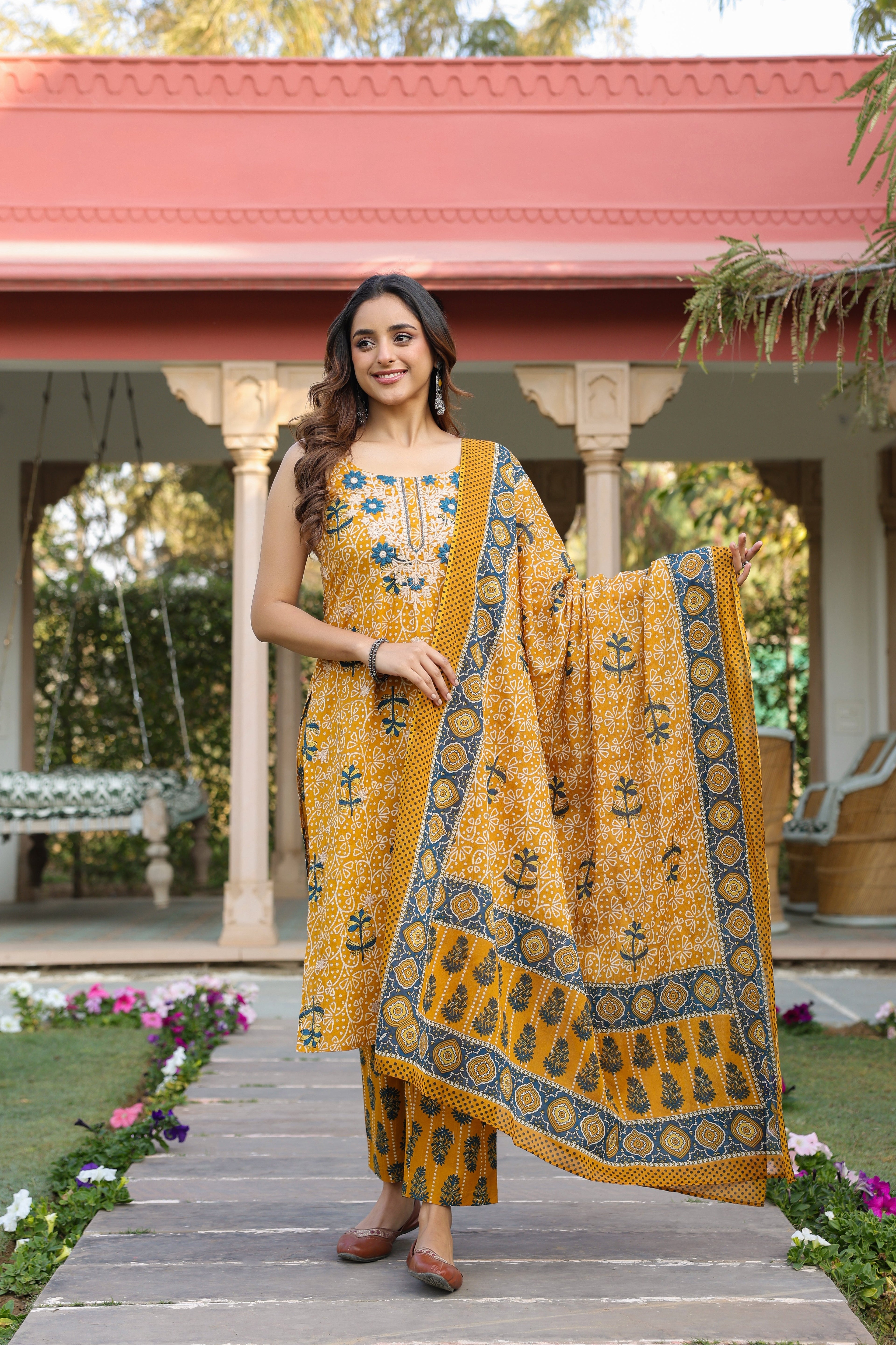 Women Ethnic Motifs Printed Regular Beads and Stones Pure Cotton Kurta with Trousers & With Dupatta