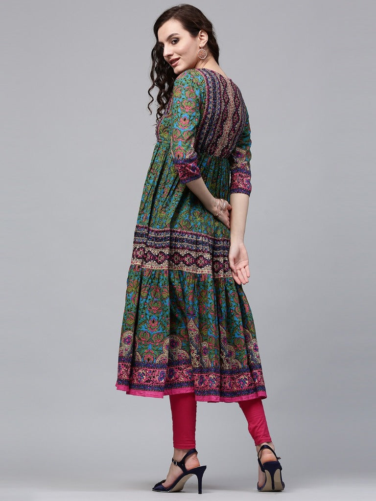 Women Green Printed Pure Cotton Anarkali Kurta