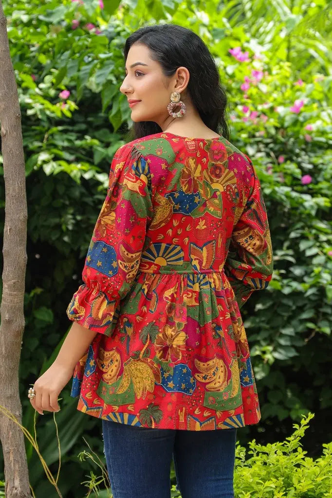 Women Red Tribal Print Empire Top