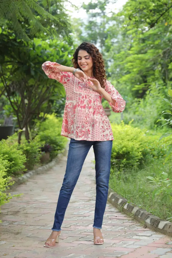 Women Peach Floral Printed Ruffle Top