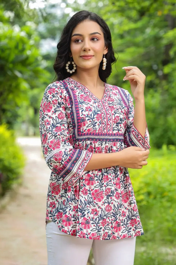 Women Pink Floral Print Cotton Empire Top, V-neck, Three-quarter Sleeves