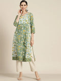 Women Green & White Floral Printed Cotton Straight Kurta