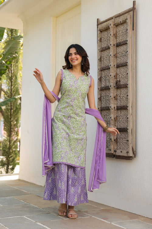 Ethnic Motifs Printed Pure Cotton Kurta with Palazzos & With Dupatta