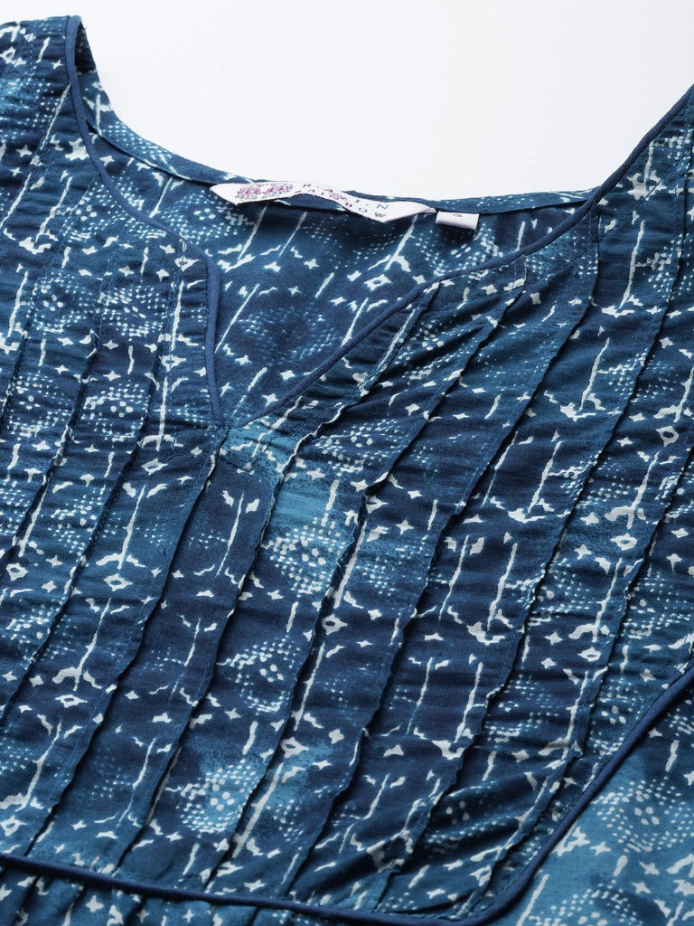 Women Navy Blue and White Ethnic Motifs Printed Tunic Top