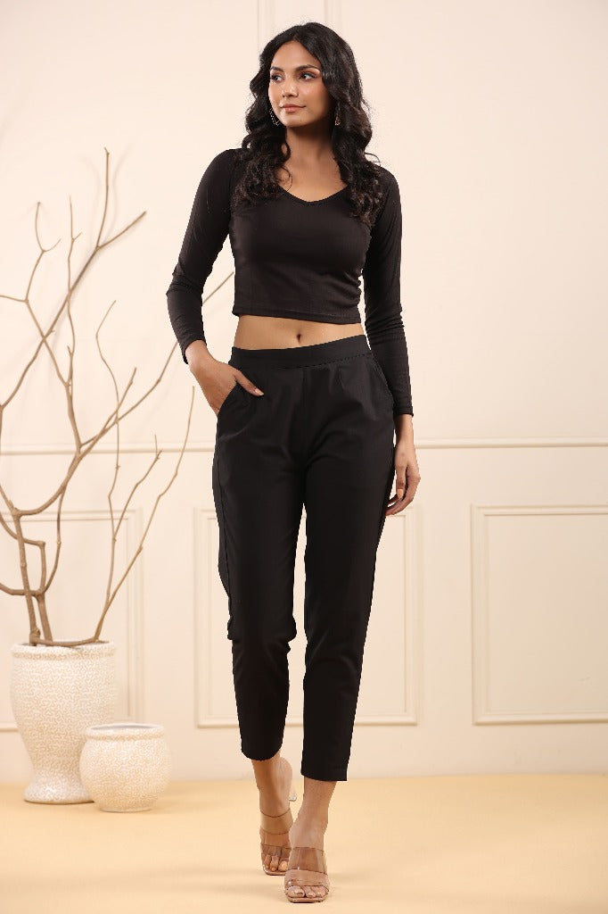 Stylish Black Cotton Pleated Cigarette Trousers