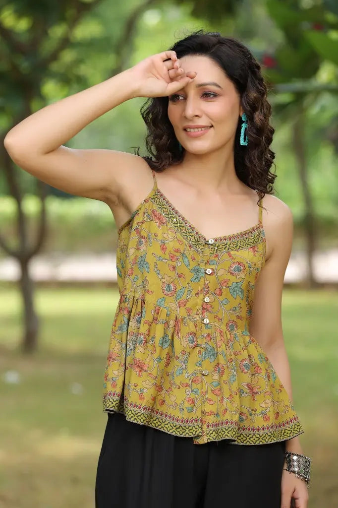Women Mustard Floral Printed Empire Top
