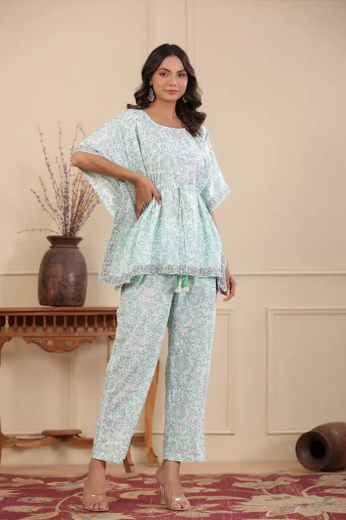 Women Blue and White Pure Cotton Night Suit Set