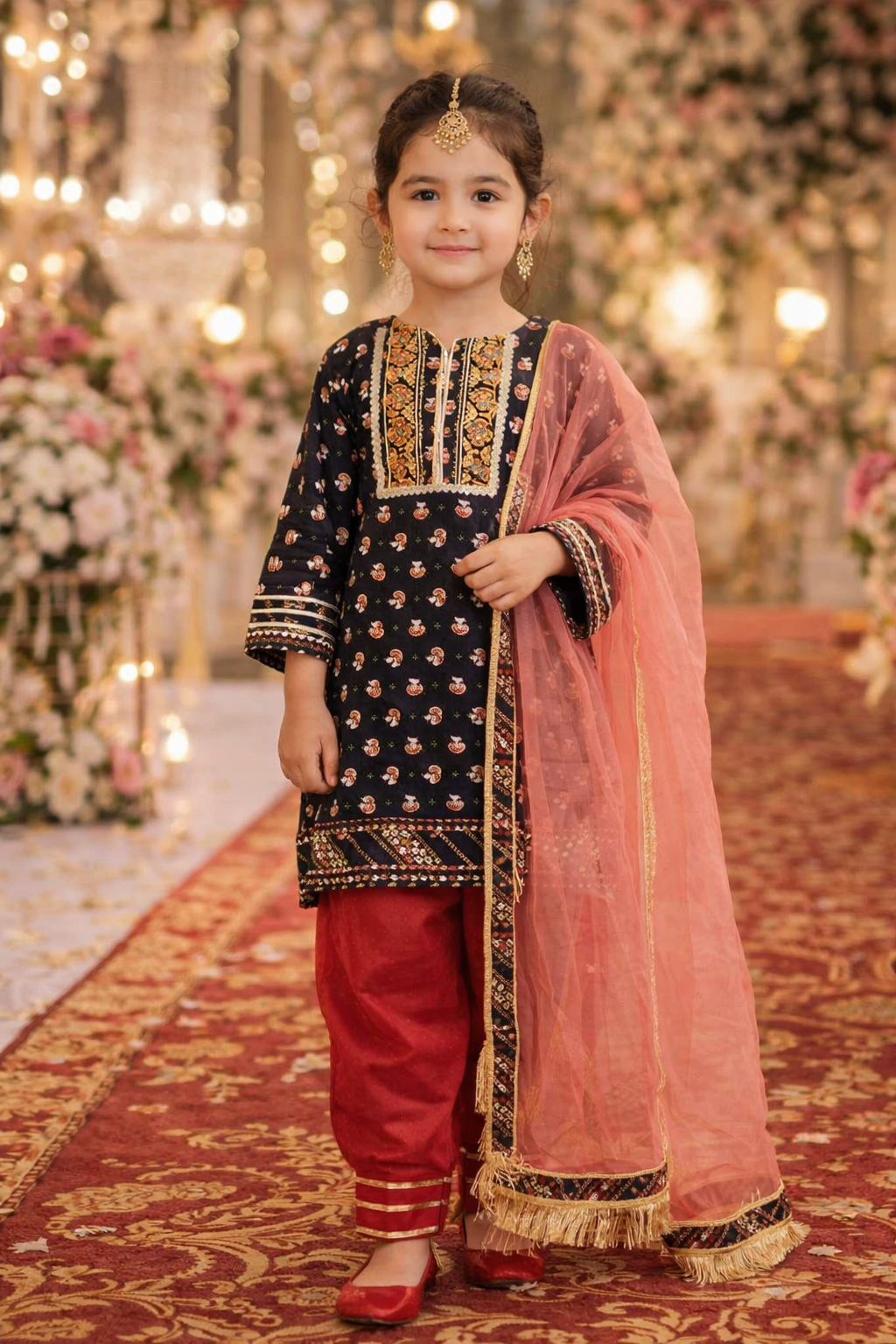 Girls Ethnic Motifs Printed Regular Gotta Patti Pure Cotton Kurta with Salwar & With Dupatta
