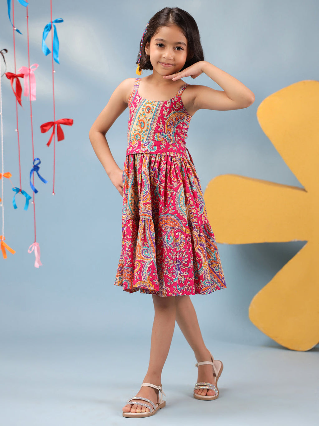 Girls Printed Cotton Knee Length Dress