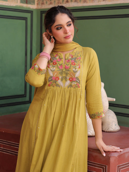 Floral Embroidered Mirror Work Pure Cotton Kurta With Trouser & Dupatta