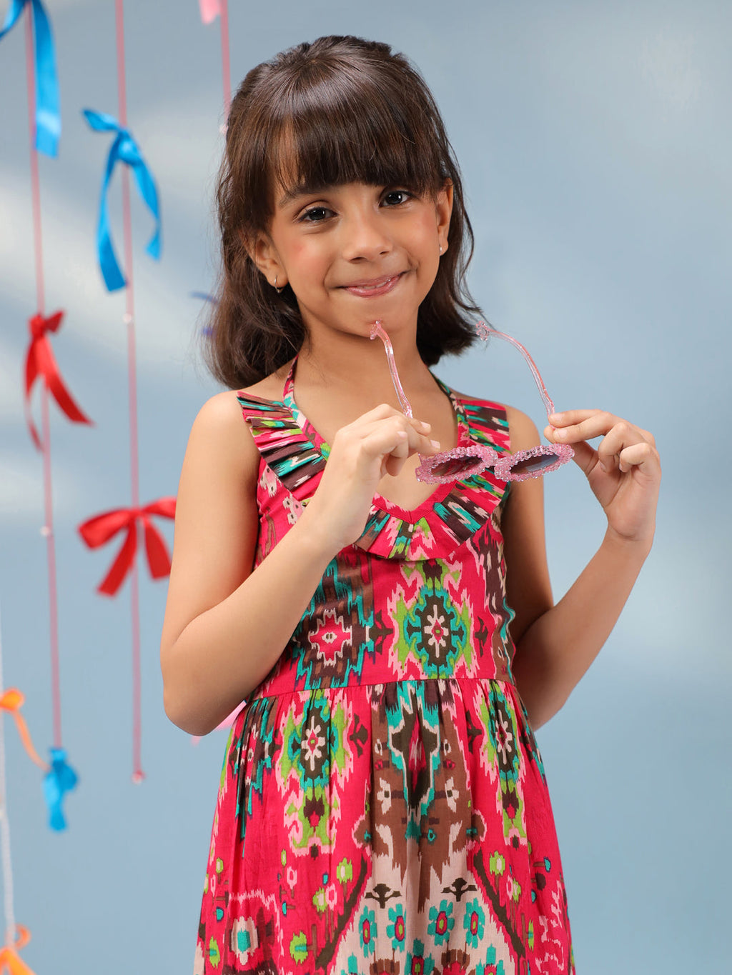 Girls Ethnic Motif Printed V-Neck Fit & Flared Dresses