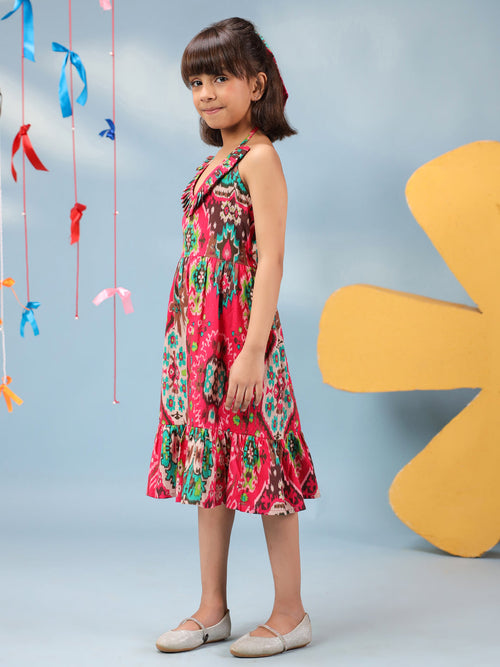 Girls Ethnic Motif Printed V-Neck Fit & Flared Dresses